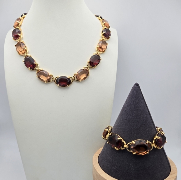 Swarovski Swan Crystal Set Necklace Bracelet Goldtone Glass Bezel Vintage Vtg - Picture 1 of 6